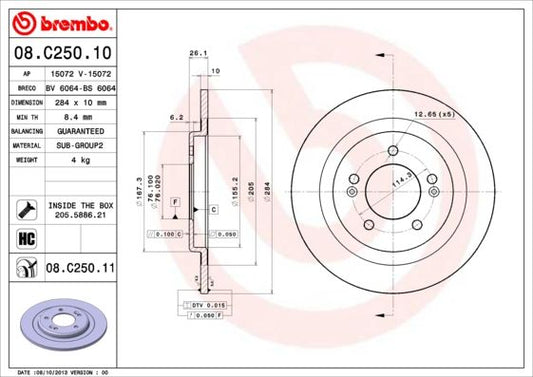 2x BREMBO 08.C250.11 Brake Disc Rear Solid Fits Hyundai i30 Kia Cee'D Pro Cee'D