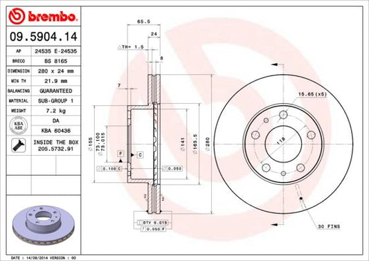 2x BREMBO 09.5904.14 Brake Disc Front Fits Relay Fiat Ducato Peugeot Boxer