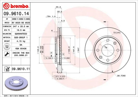 2x BREMBO 09.9610.11 Brake Disc Front Internally Vented Fits Citroen Peugeot