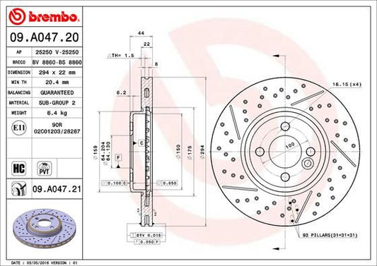 2x BREMBO 09.A047.21 Brake Disc Front Vented Fits Mini Mini Clubman Mini Clubvan