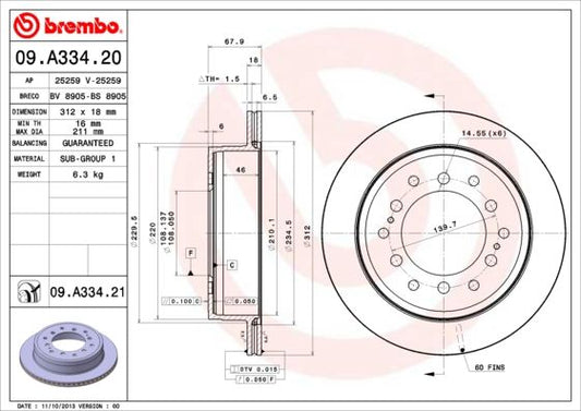 2x BREMBO 09.A334.21 Brake Disc Rear Internally Vented Braking Fits Toyota