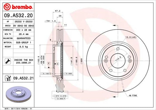 2x BREMBO 09.A532.21 Brake Disc Front Internally Vented Braking Fits Hyundai Kia