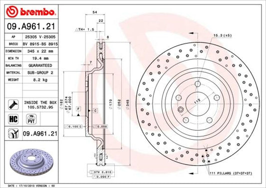 2x BREMBO 09.A961.21 Brake Disc Rear Vented Fits Mercedes M-Class GLE GL-Class