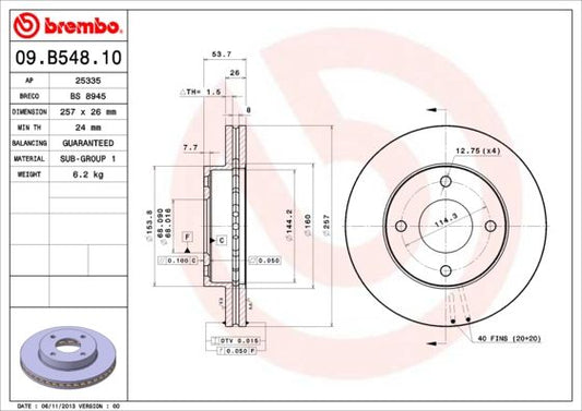 2x BREMBO 09.B548.10 Brake Disc Front Vented Fits Nissan NV200 / Evalia NV200