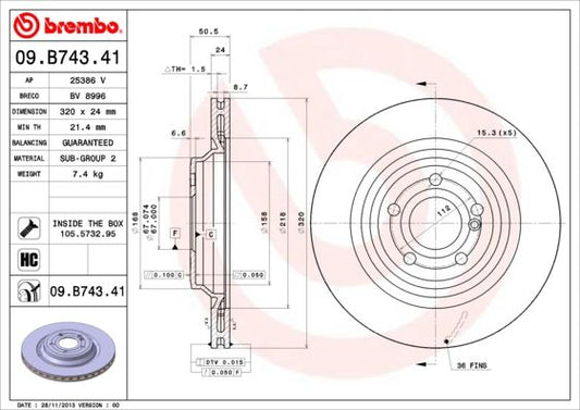 2x BREMBO 09.B743.41 Brake Disc Rear Internally Vented Fits Mercedes-Benz SL