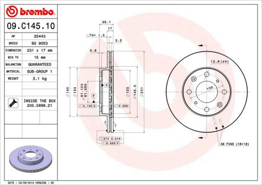 2x BREMBO 09.C145.10 Brake Disc Front Vented Fits Honda Jazz City Life Logo