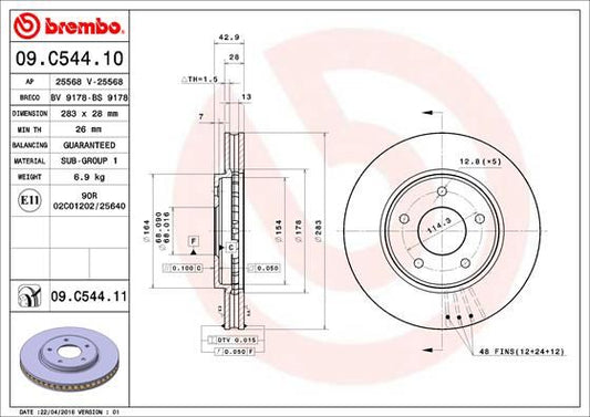2x BREMBO 09.C544.11 Brake Disc Front Vented Fits Nissan Leaf NV200 Evalia NV200
