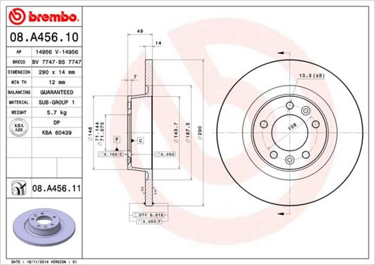 2x BREMBO 08.A456.11 Brake Disc Rear Solid Fits Citroen Fiat Peugeot Toyota