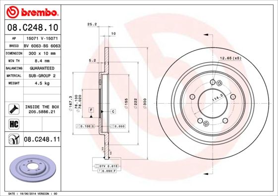 2x BREMBO 08.C248.11 Brake Disc Rear Solid Braking System Fits Hyundai i40