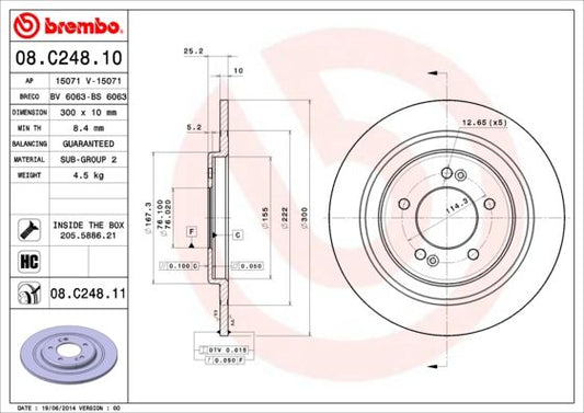 2x BREMBO 08.C248.11 Brake Disc Rear Solid Braking System Fits Hyundai i40