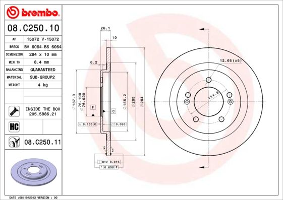 2x BREMBO 08.C250.11 Brake Disc Rear Solid Fits Hyundai i30 Kia Cee'D Pro Cee'D