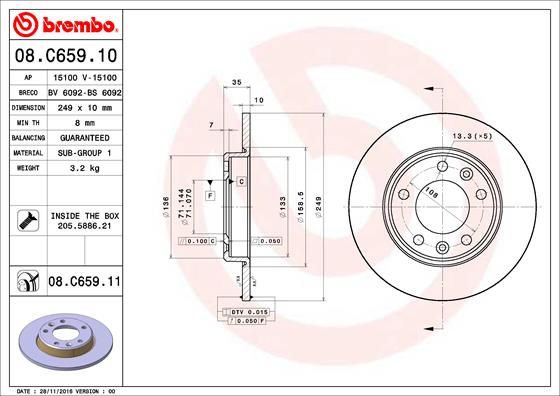 2x BREMBO 08.C659.11 Brake Disc Rear Solid Braking Fits Peugeot 308 308 SW