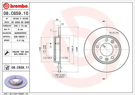2x BREMBO 08.C659.11 Brake Disc Rear Solid Braking Fits Peugeot 308 308 SW