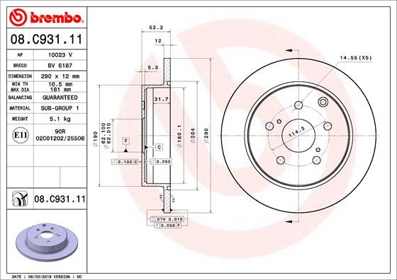 2x BREMBO 08.C931.11 Brake Disc Rear Solid Braking Fits Toyota Mirai Prius Plus