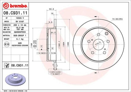 2x BREMBO 08.C931.11 Brake Disc Rear Solid Braking Fits Toyota Mirai Prius Plus