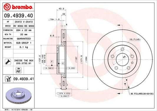 2x BREMBO 09.4939.41 Brake Disc Front Internally Vented Braking Fits Fiat 500L