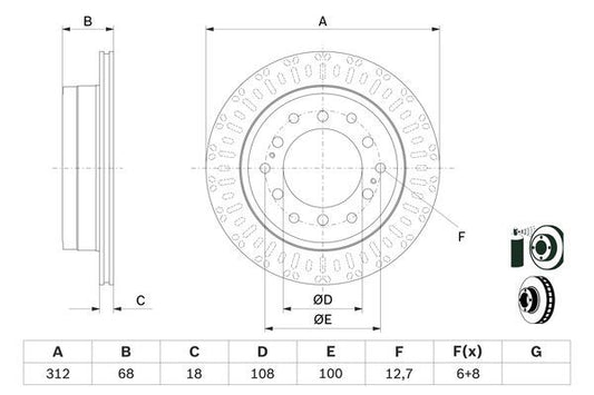 BOSCH 0986479F07 Brake Disc Rear Vented 312mm Outer Diameter Fits Toyota