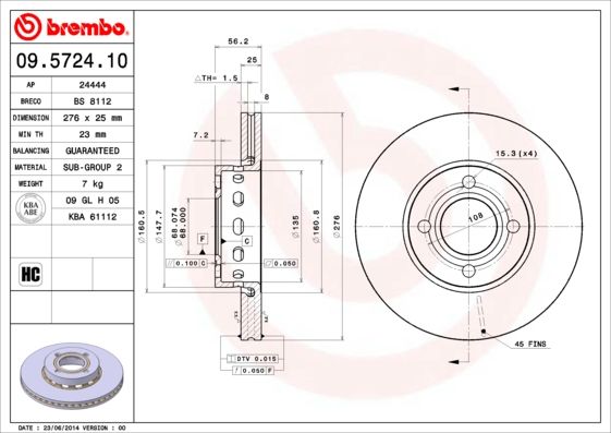 2x BREMBO 09.5724.10 Brake Disc Front Vented For Audi Coupe Cabriolet 80