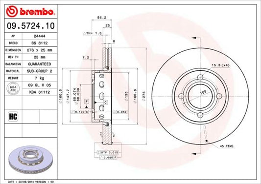 2x BREMBO 09.5724.10 Brake Disc Front Vented For Audi Coupe Cabriolet 80
