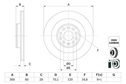 BOSCH 0986479G56 Brake Disc Rear Vented 365mm Outer Ø Fits Tesla Model S Model X