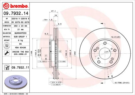 2x BREMBO 09.7932.11 Brake Disc Front Fits Accord Element HR-V Saber Stepwgn