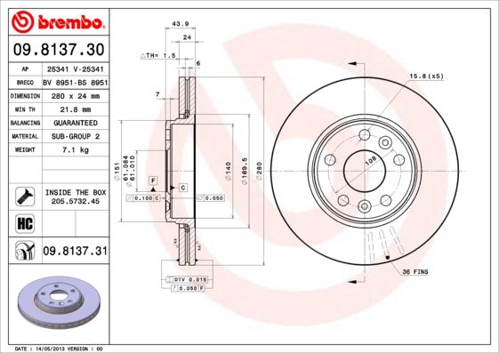 2x BREMBO 09.8137.31 Brake Disc Front Internally Vented Braking Fits Renault