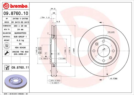 2x BREMBO 09.8760.11 Brake Disc Front Vented Fits Citroen Opel Peugeot Vauxhall