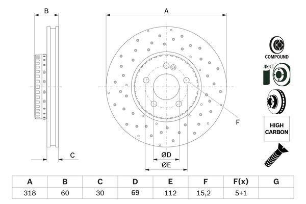 BOSCH 0986479H37 Brake Disc Front Perforated 2-Piece Vented For Mercedes C-Class