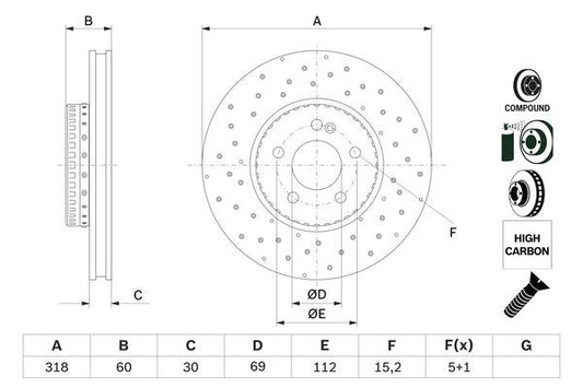 BOSCH 0986479H37 Brake Disc Front Perforated 2-Piece Vented For Mercedes C-Class