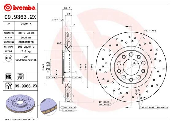 2x BREMBO 09.9363.2X Brake Disc Front Fits Alfa Romeo 159 Brera Giulietta Spider