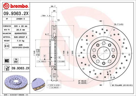 2x BREMBO 09.9363.2X Brake Disc Front Fits Alfa Romeo 159 Brera Giulietta Spider