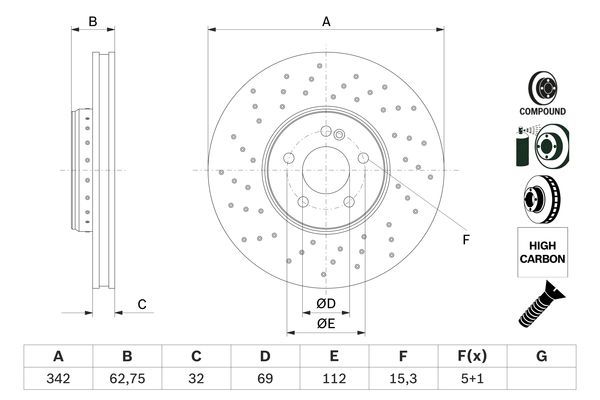 BOSCH 0986479G40 Brake Disc Front Fits Mercedes-Benz C-Class CLS E-Class
