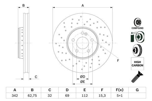 BOSCH 0986479G40 Brake Disc Front Fits Mercedes-Benz C-Class CLS E-Class