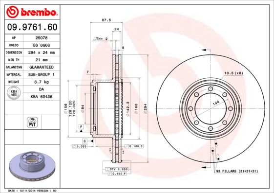 2x BREMBO 09.9761.60 Brake Disc Rear Internally Vented Braking Fits Iveco Daily