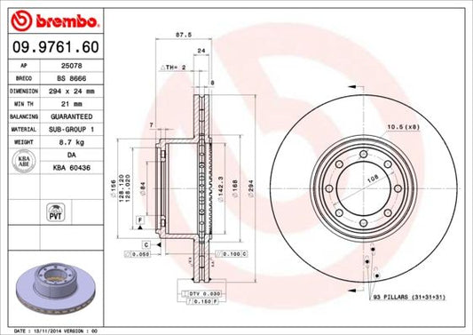 2x BREMBO 09.9761.60 Brake Disc Rear Internally Vented Braking Fits Iveco Daily