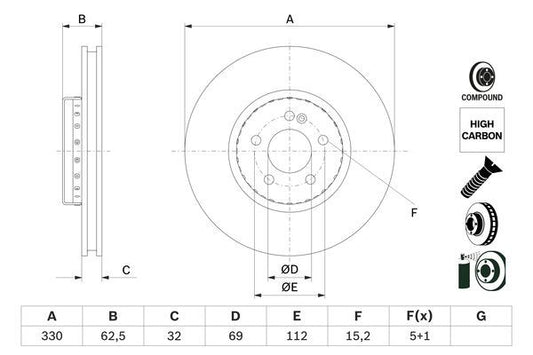 BOSCH 0986479H48 Brake Disc Front Fits Mercedes-Benz C-Class CLS E-Class