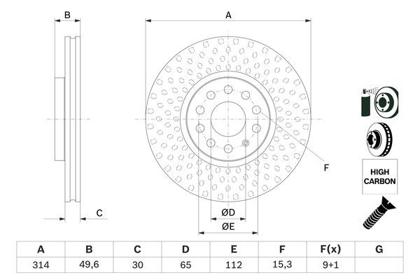 BOSCH 0986479735 Brake Disc Front Vented 314mm Outer Diameter Fits Seat VW