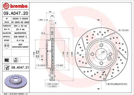 2x BREMBO 09.A047.21 Brake Disc Front Vented Fits Mini Mini Clubman Mini Clubvan