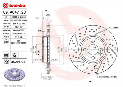 2x BREMBO 09.A047.21 Brake Disc Front Vented Fits Mini Mini Clubman Mini Clubvan