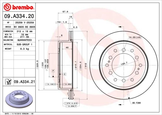 2x BREMBO 09.A334.21 Brake Disc Rear Internally Vented Braking Fits Toyota