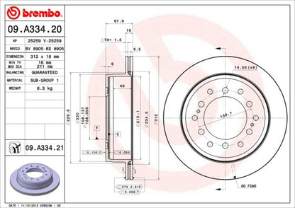 2x BREMBO 09.A334.21 Brake Disc Rear Internally Vented Braking Fits Toyota