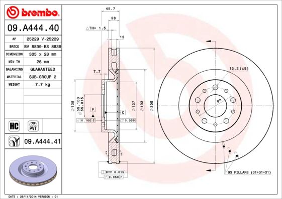 2x BREMBO 09.A444.41 Brake Disc Front For Fiat Doblo 500L Combo Vauxhall Combo