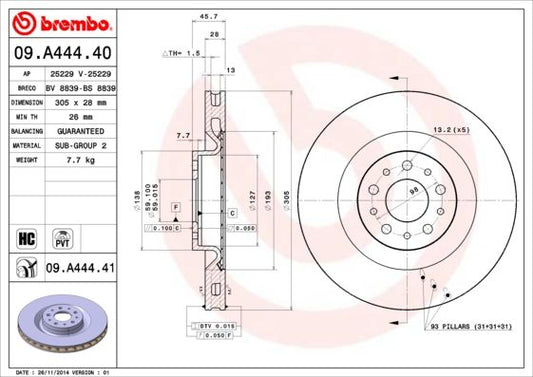 2x BREMBO 09.A444.41 Brake Disc Front For Fiat Doblo 500L Combo Vauxhall Combo