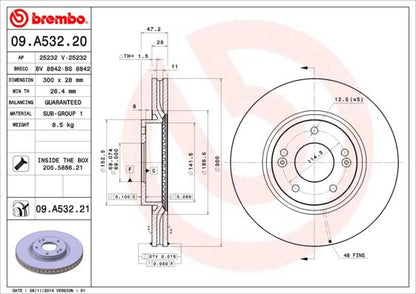 2x BREMBO 09.A532.21 Brake Disc Front Internally Vented Braking Fits Hyundai Kia