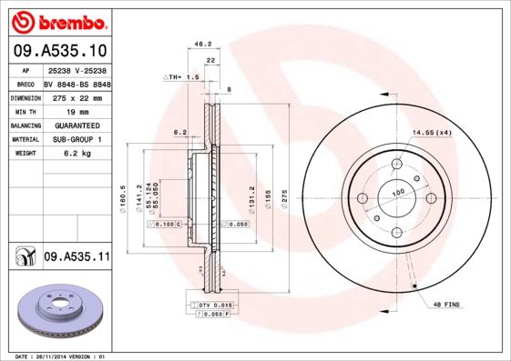 2x BREMBO 09.A535.11 Brake Disc Front Vented For Toyota Corolla Yaris/Vitz Yaris