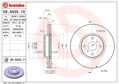 2x BREMBO 09.A535.11 Brake Disc Front Vented For Toyota Corolla Yaris/Vitz Yaris