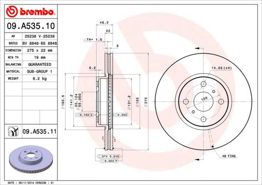 2x BREMBO 09.A535.11 Brake Disc Front Vented For Toyota Corolla Yaris/Vitz Yaris