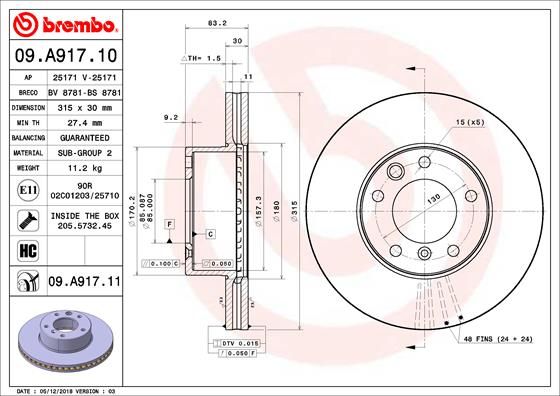 2x BREMBO 09.A917.11 Brake Disc Front Vented Fits Mercedes G-Class Puch G-Modell