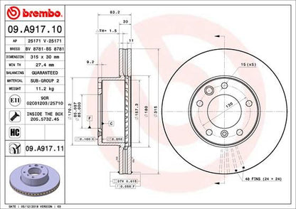 2x BREMBO 09.A917.11 Brake Disc Front Vented Fits Mercedes G-Class Puch G-Modell