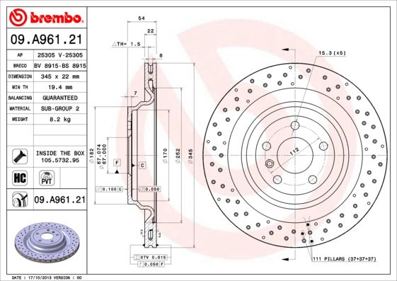 2x BREMBO 09.A961.21 Brake Disc Rear Vented Fits Mercedes M-Class GLE GL-Class
